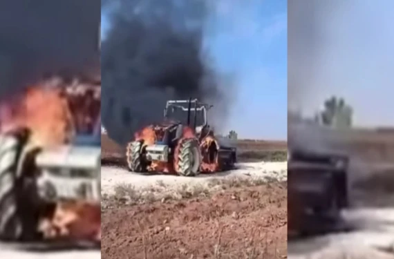 Traktör alev alev yandı