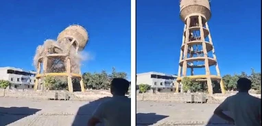 Urfa'da depremde hasar gören su kulesi kontrollü yıkıldı