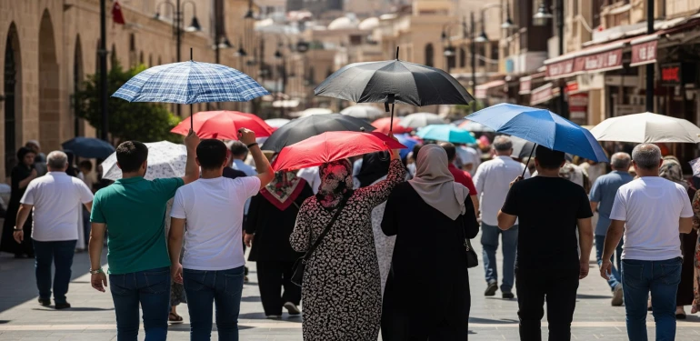 Şanlıurfa’da şemsiye yağmura değil güneşe açılıyor Şanlıurfa’da şemsiye yağmura değil güneşe açılıyor