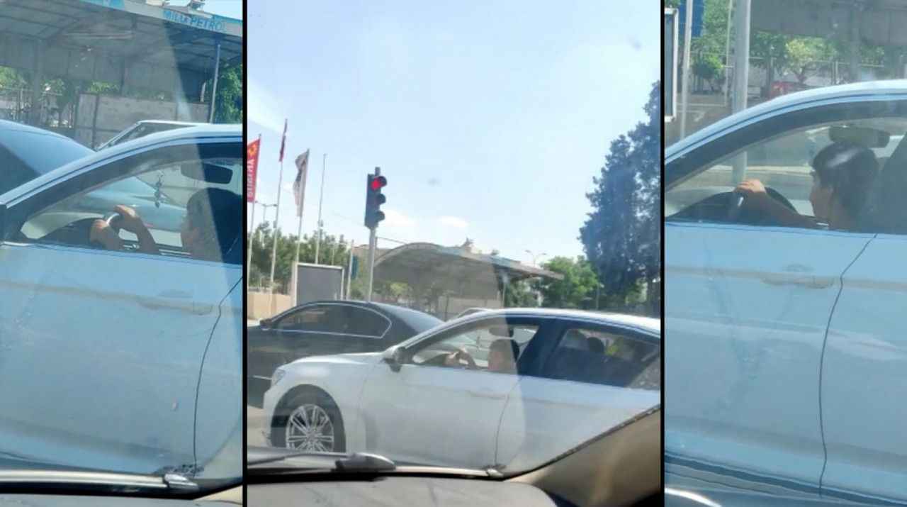 Küçük çocuk trafikte araba kullandı!