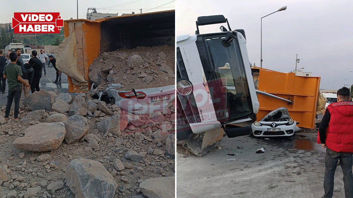 Şanlıurfa’da hafriyat kamyonu otomobilin üzerine devrildi! Otomobil hurdaya döndü