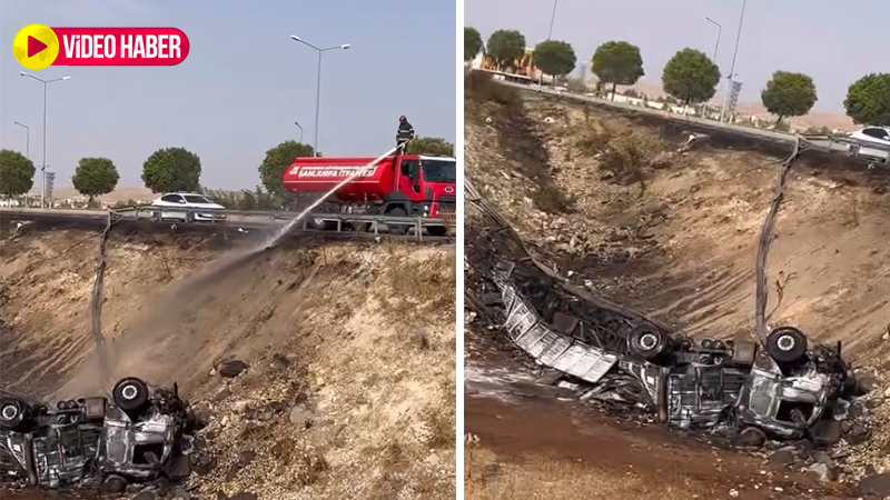 Şanlıurfa’da şarampole devrilen tır alev aldı