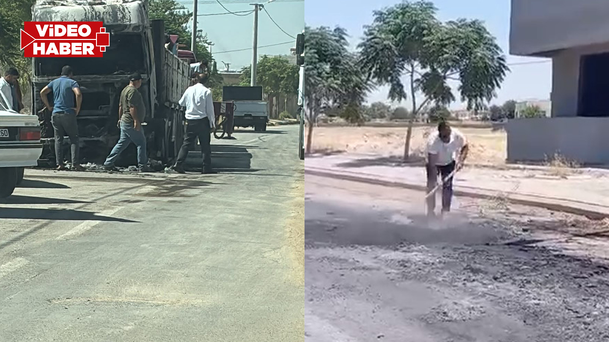 Şanlıurfa’da yanan tırın izlerini muhtar sildi! Eline küreği alıp yolu temizledi