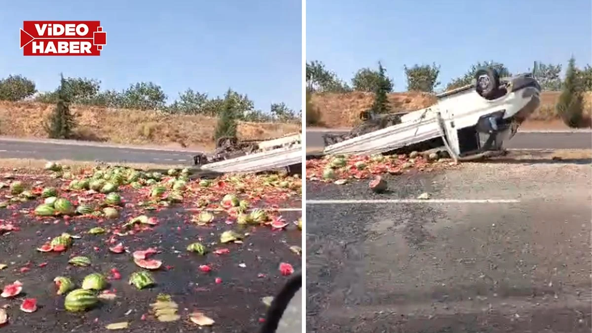 Şanlıurfa’da karpuz yüklü pikap devrildi!